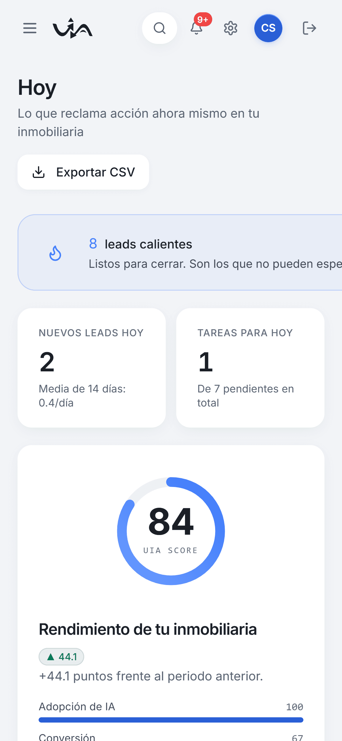 Pantalla de Hoy del CRM de UIA en el móvil